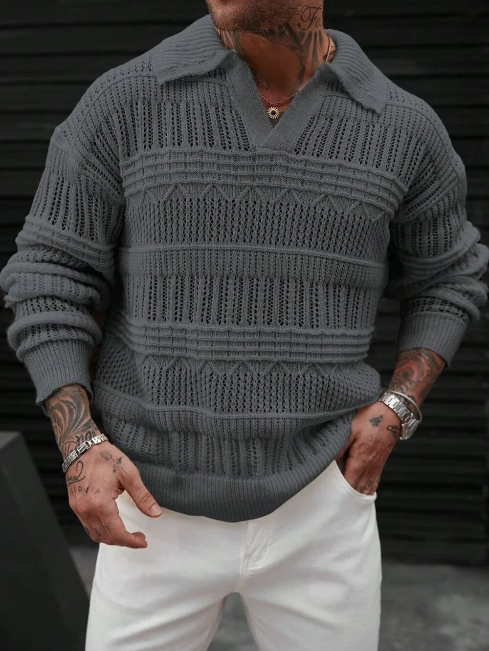 Grey Loose Casual Men's Long Sleeve V Neck Drop Shoulder Knit Sweater